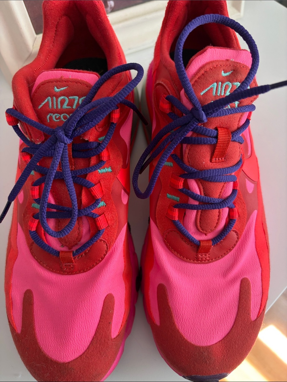 Nike Pink and Red Women's Sneaker with Purple Laces